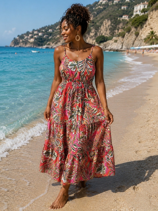 C&C California Dresses & Skirts - C&C California Pink & Orange Tropical Print Maxi Tiered Linen Blend Dress- L
